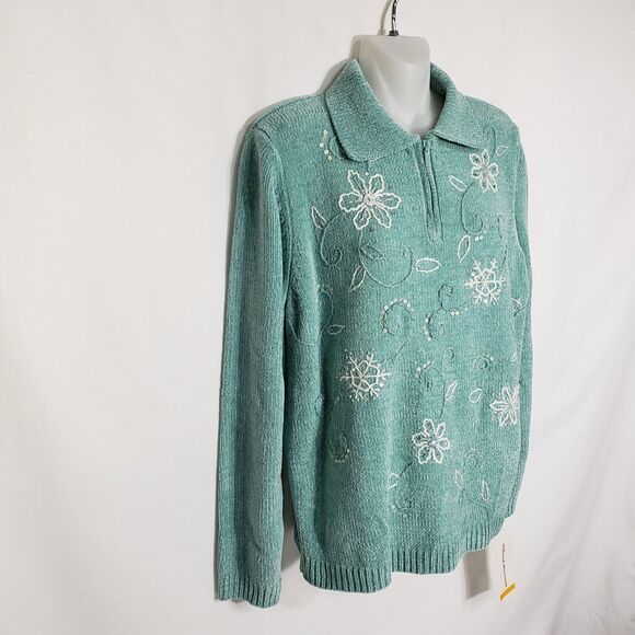 Alfred Dunner Womens Sweater Small Green Pullover Floral Snowflake Embroidered - Picture 4 of 10